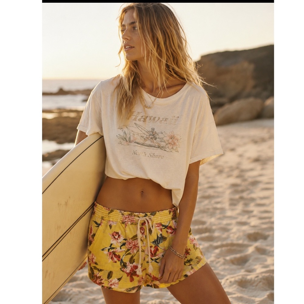 April Kiss Yellow Floral Linen Blend Smocked Waist Beach Shorts Women Large